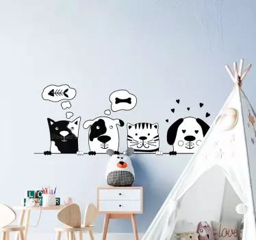 animals friends black and white cartoon wall decal - TenStickers