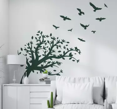 Green Birds flying over tree living room wall sticker - TenStickers