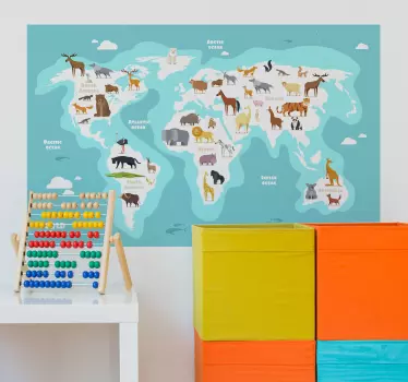 Blue animal world map world sticker - TenStickers