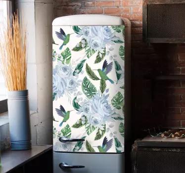 Blue garden flowers with birds fridge decals - TenStickers
