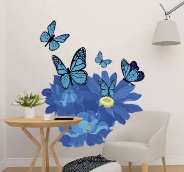 Blue watercolor flowers with butterflies flower wall decor - TenStickers