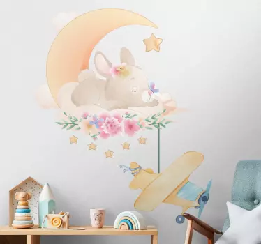 Bunny sleepin on the moon with plane  wall decor - TenStickers