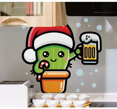 Cactus with beer xmas design kitchen stickers - TenStickers