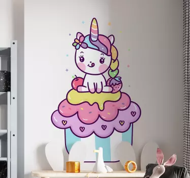 Cartoon unicorn sitting on cupcake fairy tale wall decal - TenStickers