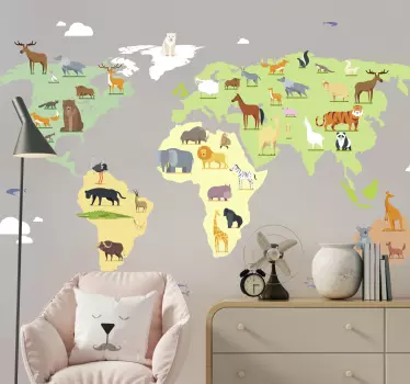 Colorful animals from the continents map wall sticker - TenStickers
