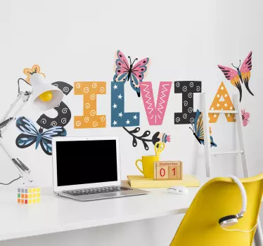 Colorful butterfly name wall sticker for kids - TenStickers