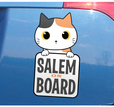Cute cat on board with name car decal - TenStickers