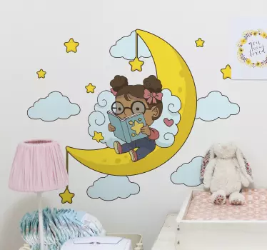 Girl reading on moon illustration wall art decal - TenStickers