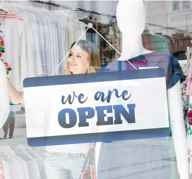 We are open in blue shop window sticker - TenStickers