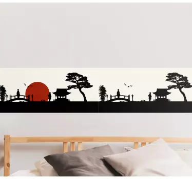 Japanese bird with sun and trees border decal - TenStickers
