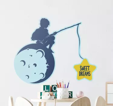 Kid on moon fishing dreams text wall decal - TenStickers