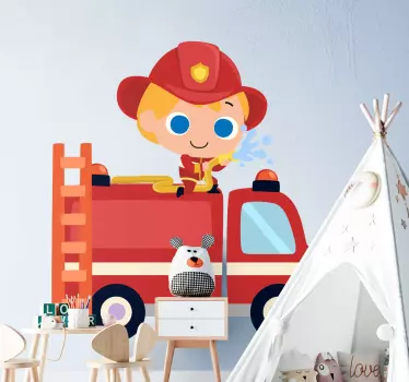 firefighter red car man Kids Bedroom Wall Sticker - TenStickers