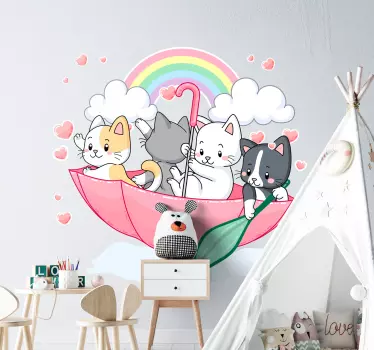 kittens and the umbrella illustration wall art - TenStickers