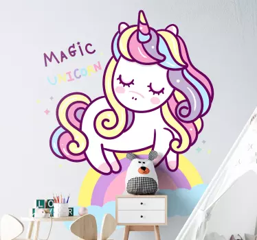 Magic cartoon unicorn on rainbow fairy tale wall decal - TenStickers