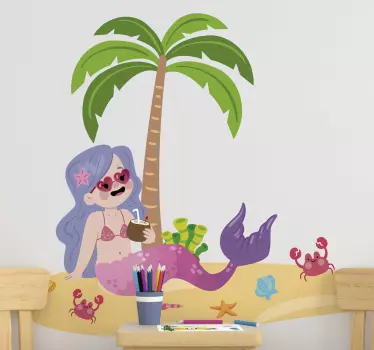 mermaid on the beach illustration wall art - TenStickers