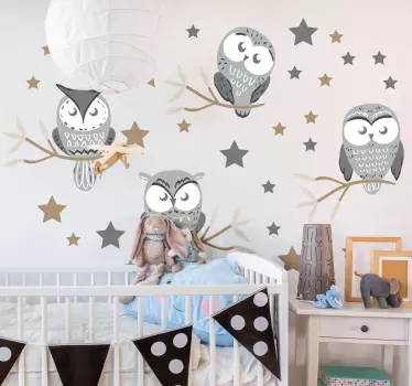 Nordic baby owls with stars illustration wall art - TenStickers