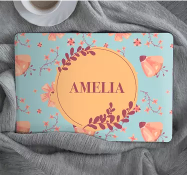 Orange flowers over blue background laptop stickers - TenStickers