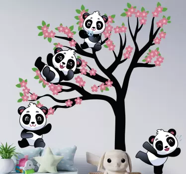 Pandas playing on spring tree wild animal sticker - TenStickers