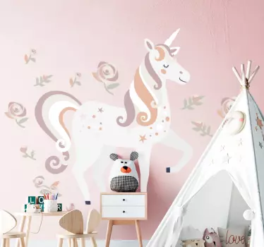 Pink and tall unicorn with flowers fairy tale wall decal - TenStickers