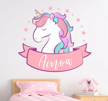Pink unicorn with name illustration wall art decal - TenStickers