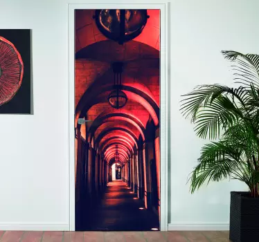 Red Corridor with Pillars Glass Door Sticker - TenStickers