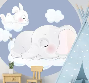Sleeping rabbit and elephant on clouds wall sticker - TenStickers
