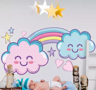Smiling cute rainbow clouds with hearts cartoon wall sticker - TenStickers