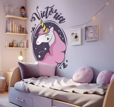 smiling unicorn with name wall sticker - TenStickers