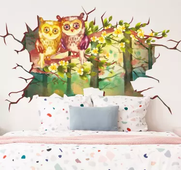 Trompe l'oeil owls landscape illustration wall art - TenStickers