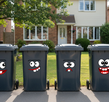 Wheelie bin stickers with funny cartoon faces goofy faces - TenStickers