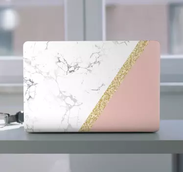 White marble with pink and gold shapes laptop stickers - TenStickers