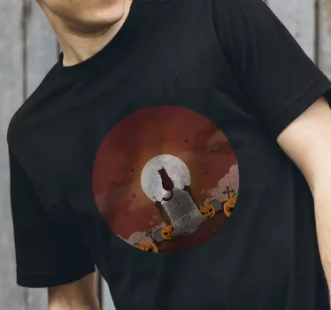 Black cat at graveyard Halloween t-shirt - TenStickers