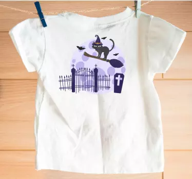 Cat on broomstick ride Halloween t-shirt - TenStickers