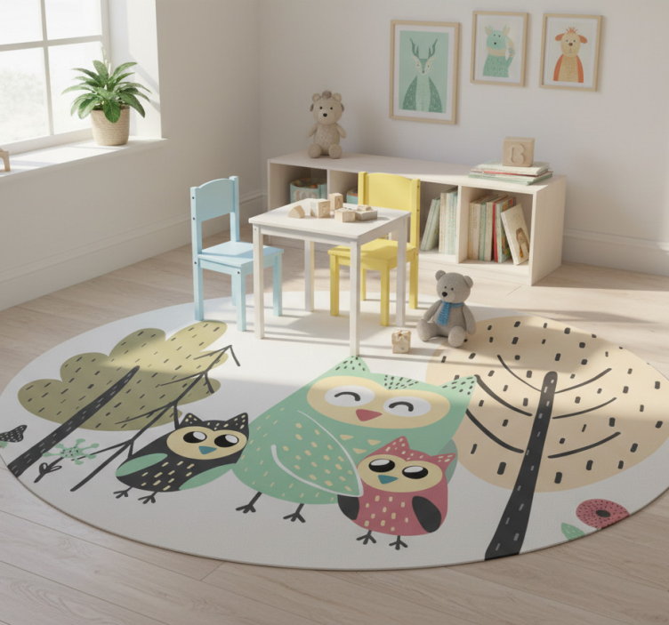 Animal mat with colorful owls in tree design - TenStickers