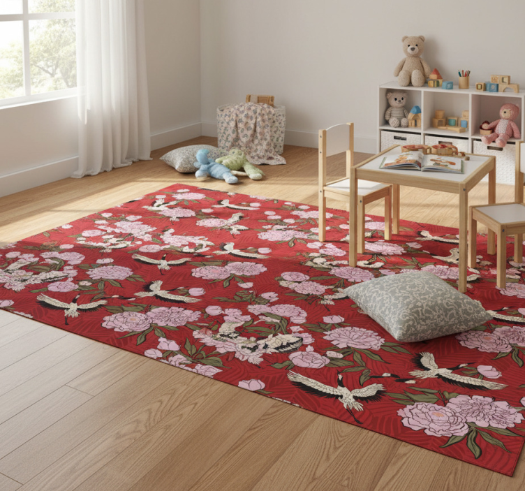 Animal mat with white birds on red tropical design - TenStickers