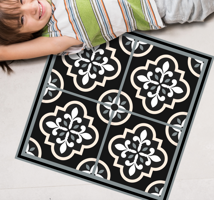 Black and white floral pattern geometric rug - TenStickers