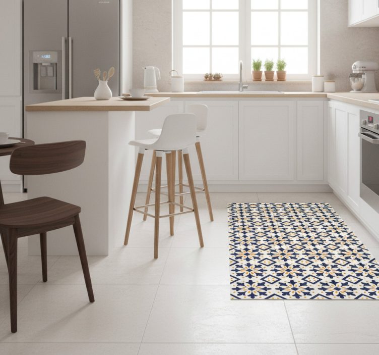 Blue with vibrant yellow portuguese tile kitchen vinyl mat - TenStickers
