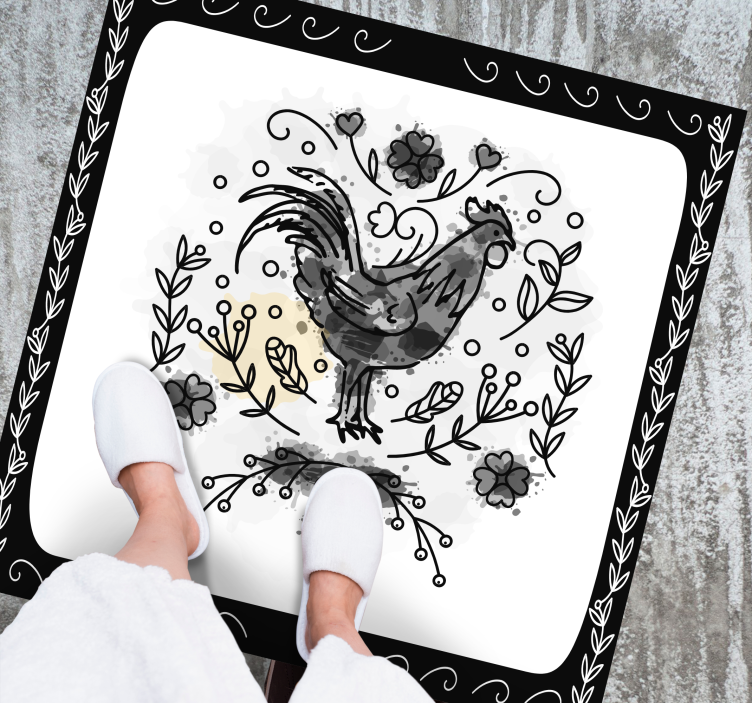 Black floral rooster animal mat - TenStickers