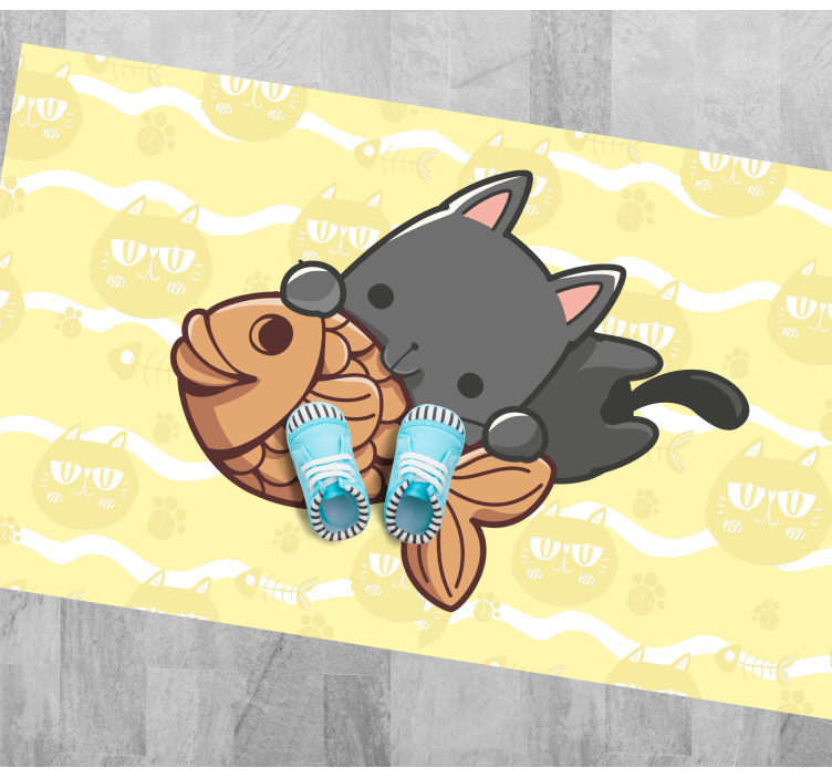 Baby cat eating fish animal mat - TenStickers