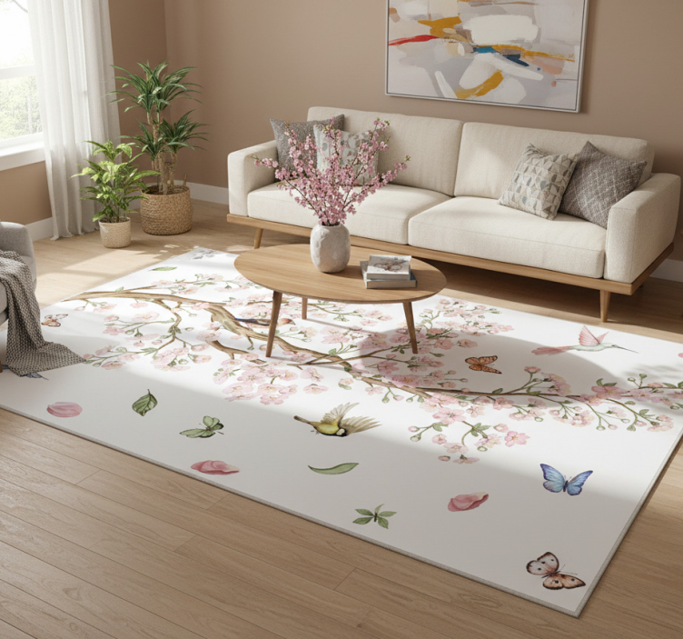 Floral rug cherry blossoms and birds design - TenStickers