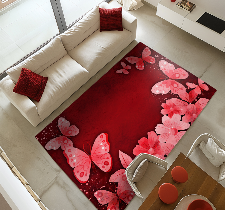 Flowers and butterflies design red rug - TenStickers