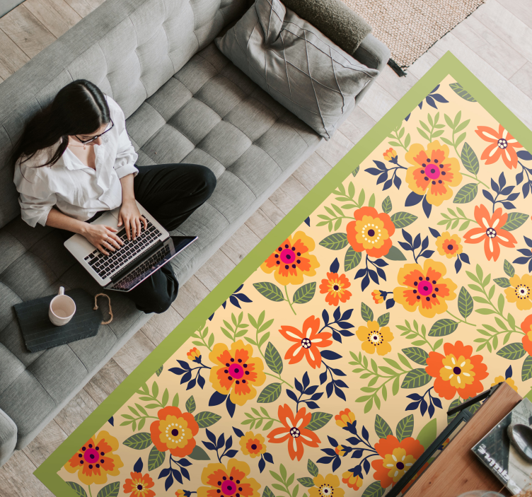 flowers green and orange floral rug - TenStickers