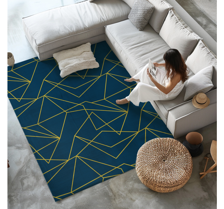 Geometric gold lines blue rug - TenStickers