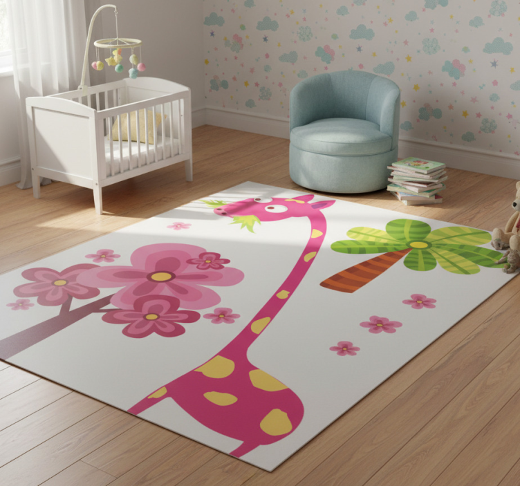 Kids carpet pink giraffe eating vinyl - TenStickers