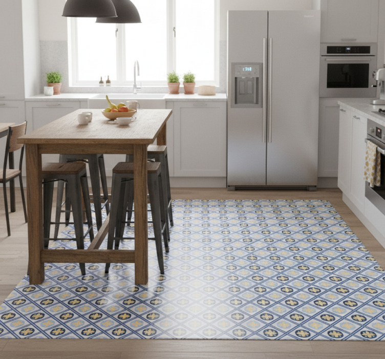 Kitchen vinyl mat in baby blue and yellow tile - TenStickers