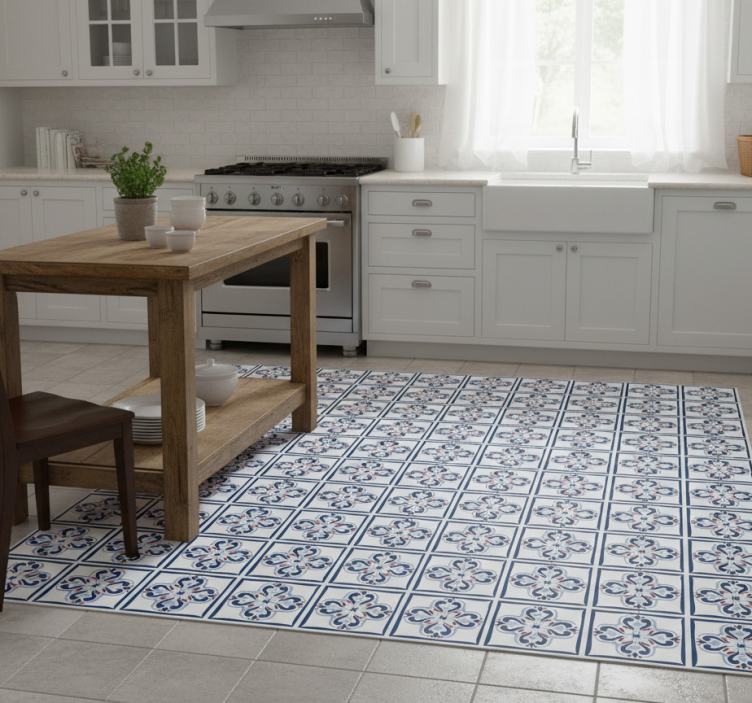 Kitchen vinyl mat in blue and red portuguese tile - TenStickers