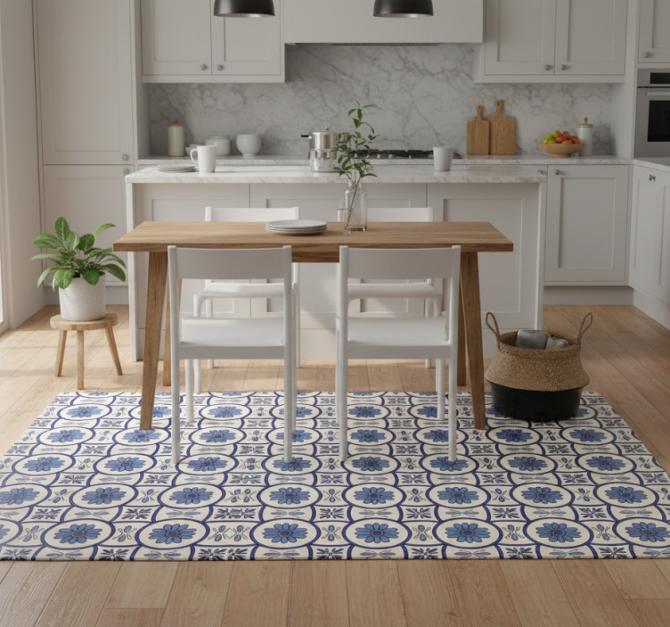 Kitchen vinyl mat with blue flower portuguese tile - TenStickers