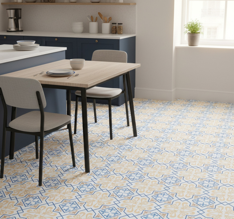 Kitchen vinyl mat with blue lines portuguese tile pattern - TenStickers