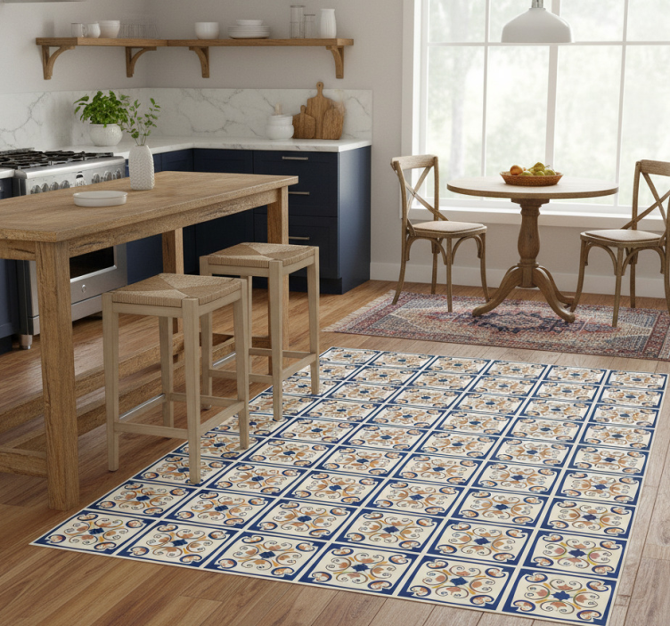Kitchen vinyl mat with pink flowers portuguese tile - TenStickers