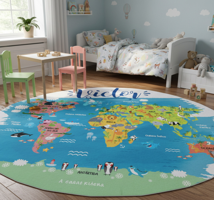 Map rug world map with animal names in spanish - TenStickers